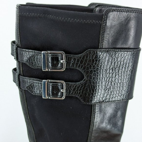Cole Haan Tennley Knee High Boots 7.5 B Black Leather Stretch Buckles Pull On - Picture 7 of 13